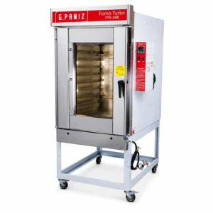 Horno turbo convector G.Paniz FTG-240, 8 bandejas, vista frontal sobre base con ruedas